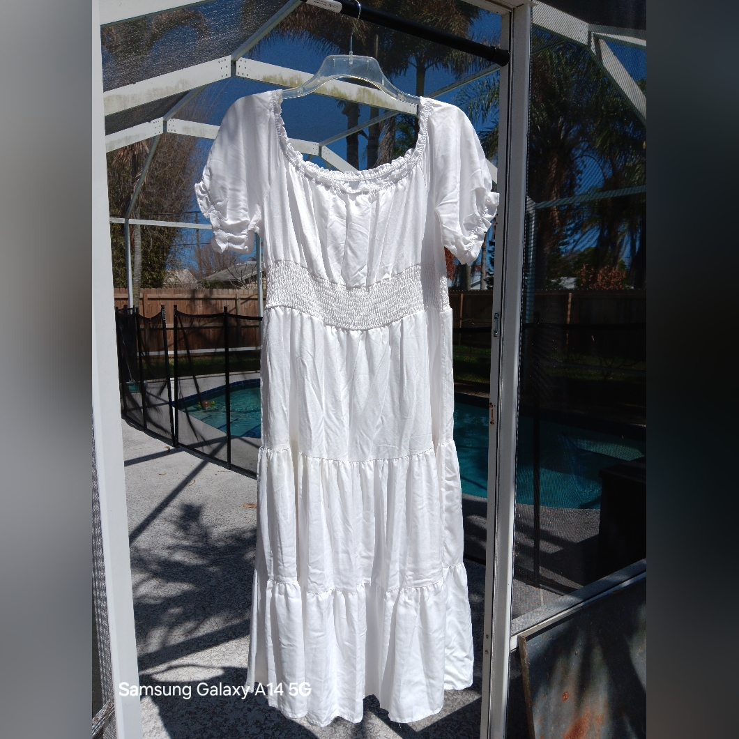 Summery White Prairie Maxi Dress 3xl Tiered Skirt Ruffled Collar